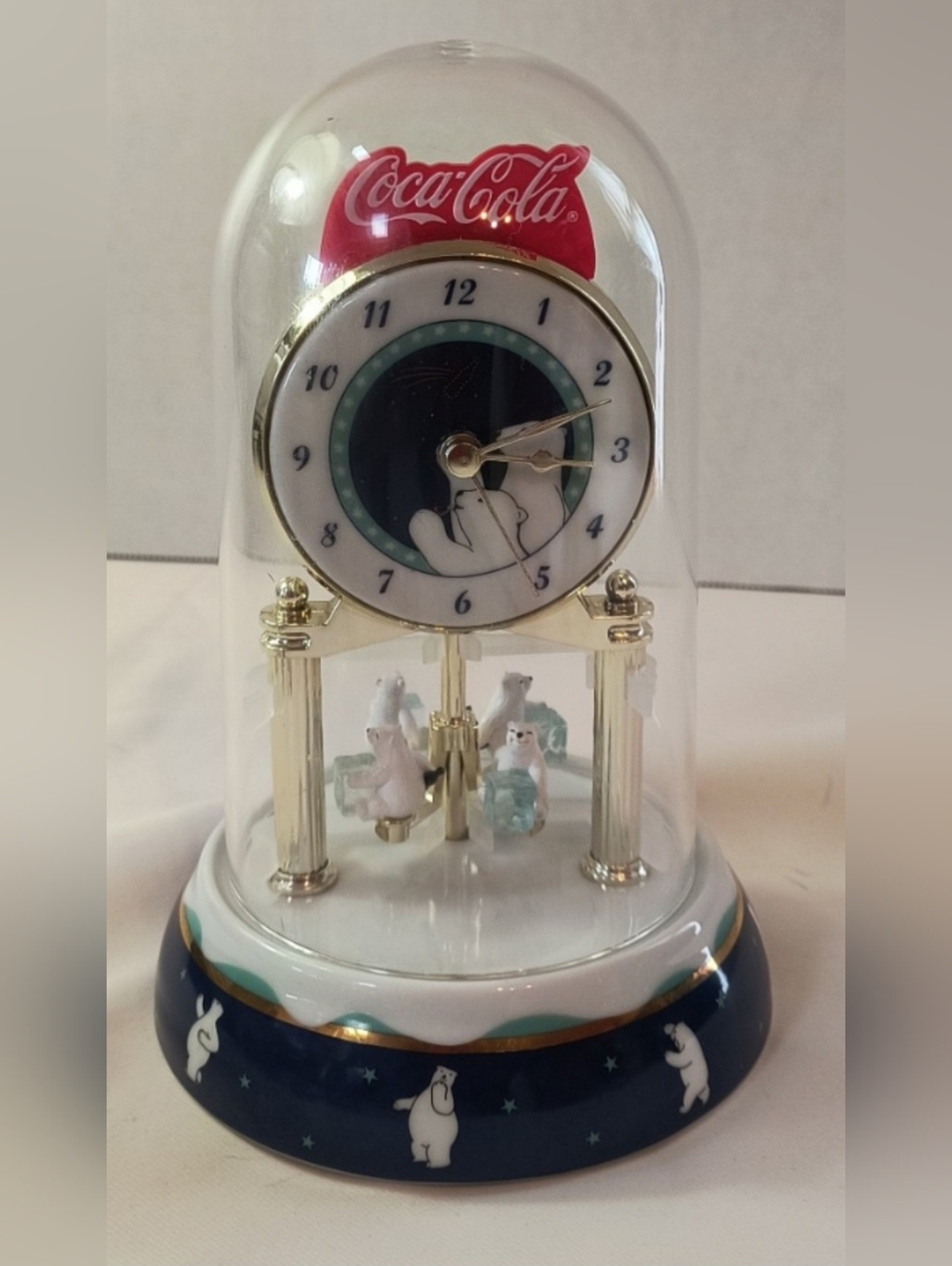 Coca Cola 2001 Anniversary Polar Bear Glass Dome Clock
